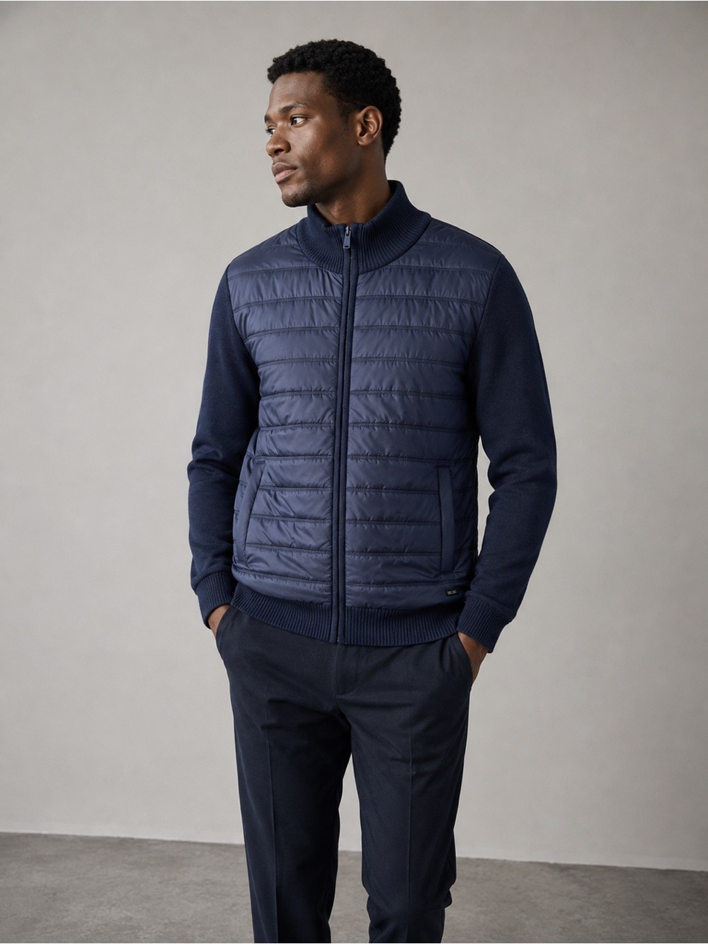 Joe’s Jeans Men’s Quilted Front Knit Sleeve Zip Jacket Navy Blue Size Large NWT